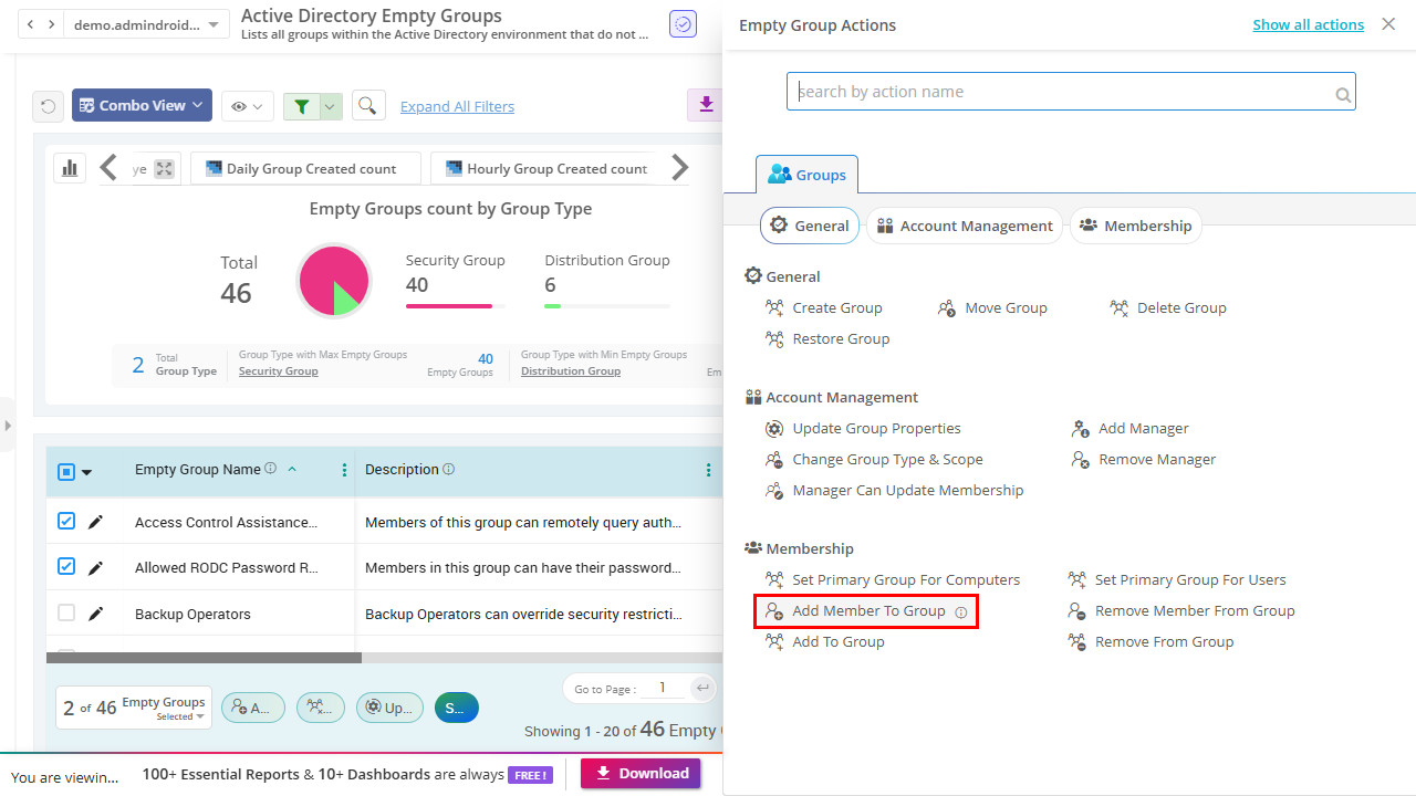Adding a member to an Active Directory group from an AdminDroid report