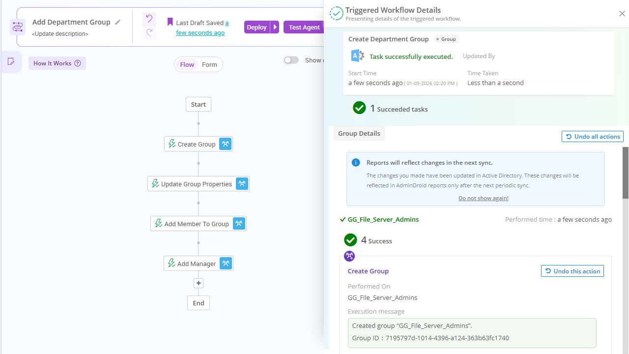 An AdminDroid workflow automating Active Directory group creation and setup