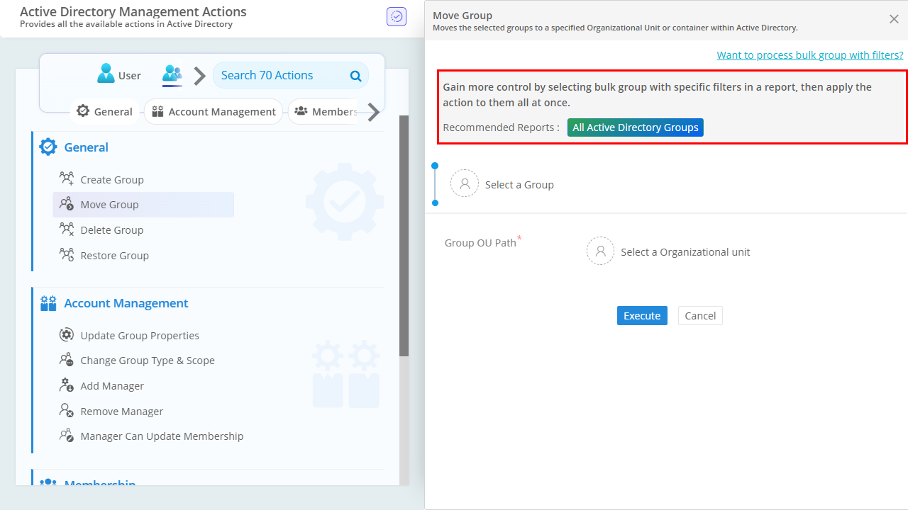 Applying an Active Directory group action in bulk from an AdminDroid report