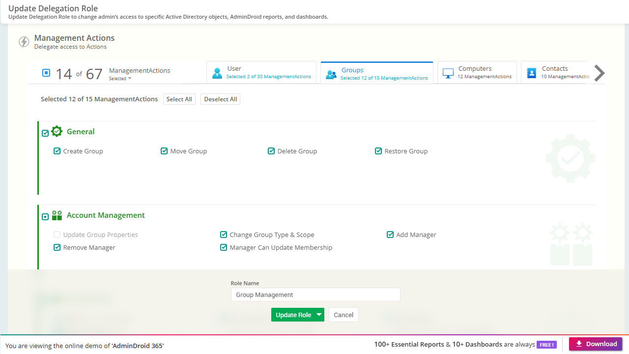 Delegating Active Directory group management actions with an AdminDroid role