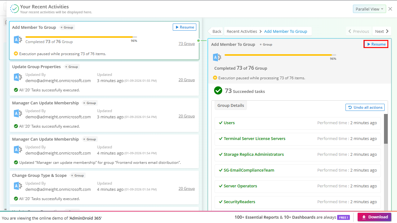 Pausing and resuming a bulk Active Directory group update in AdminDroid