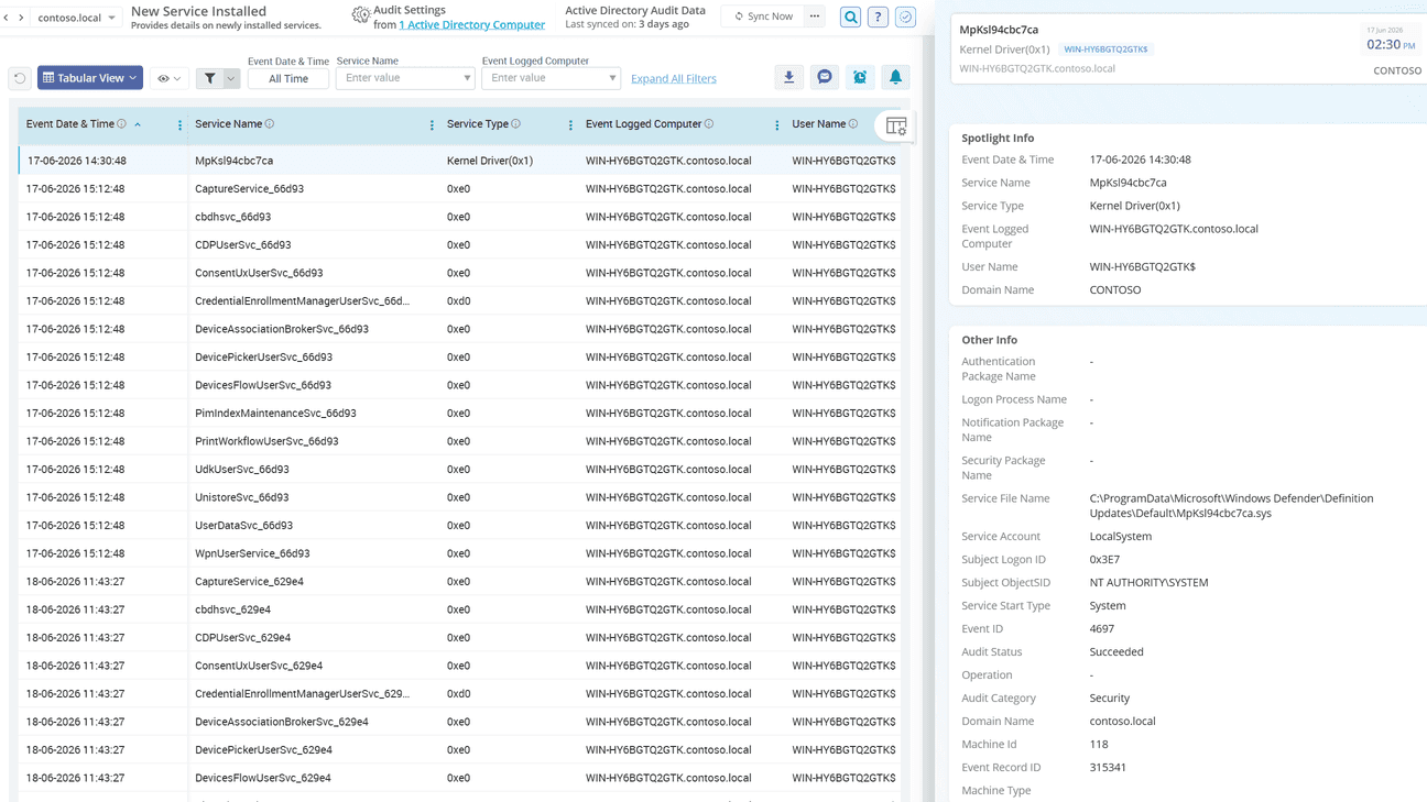 Service audit on Active Directory servers