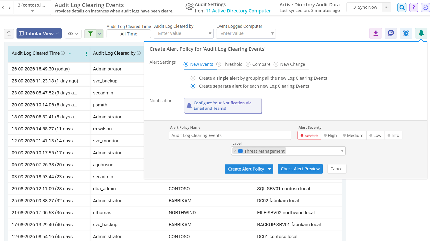 Audit log clearance events on Active Directory Windows Servers
