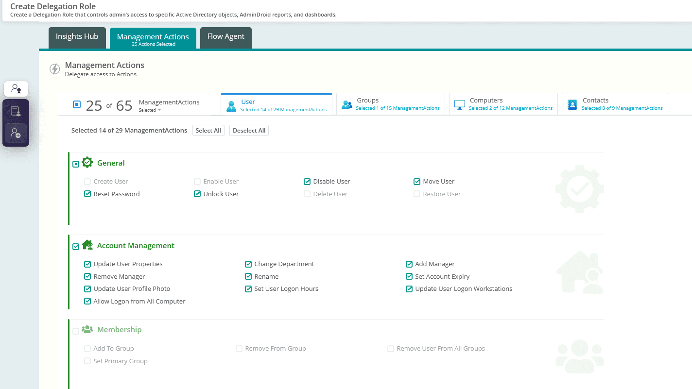 Delegate specific reports and actions
