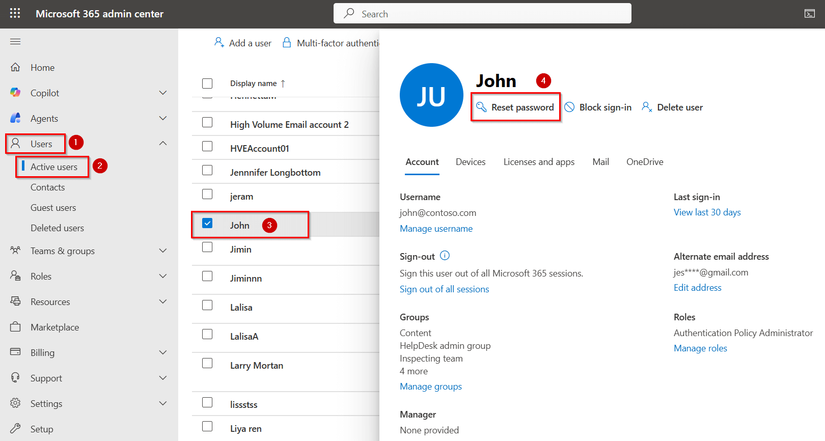 Reset User Password in Admin Center