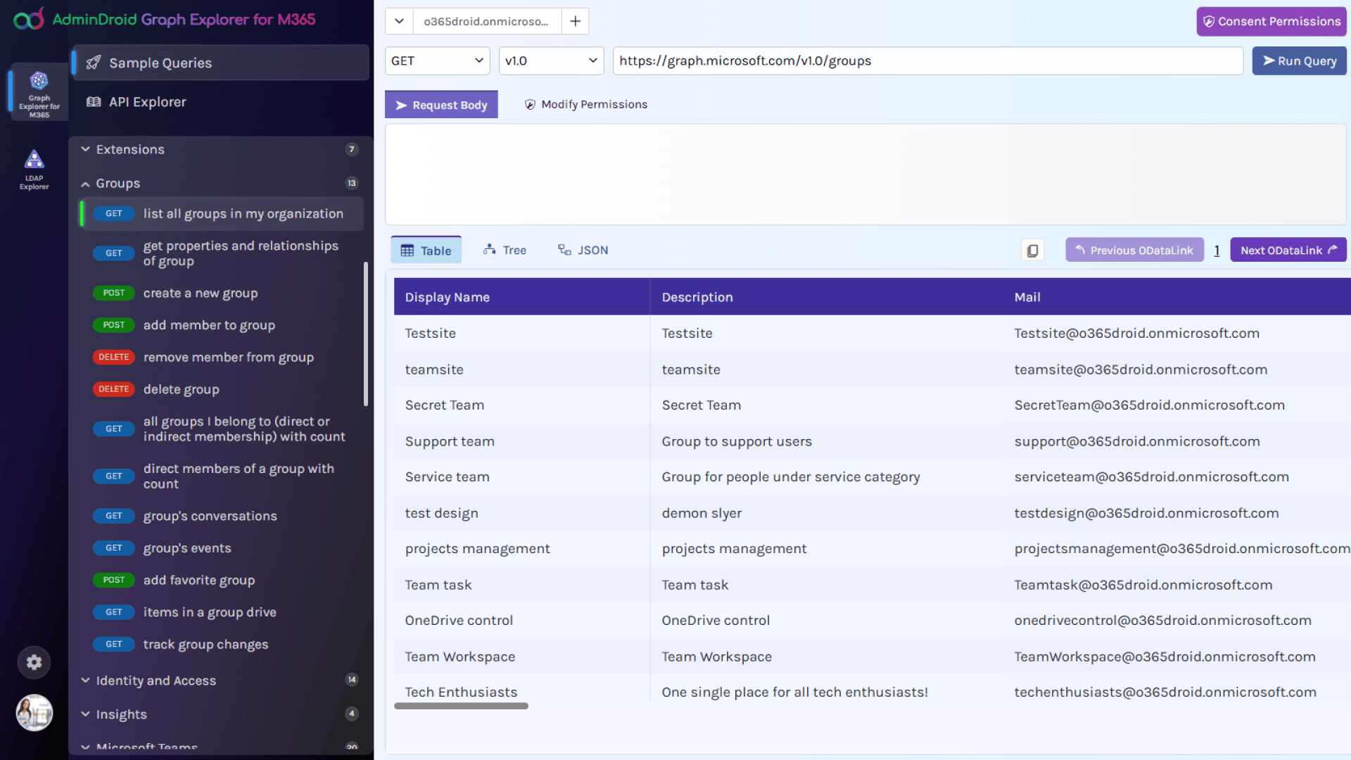 User data organized in a table view