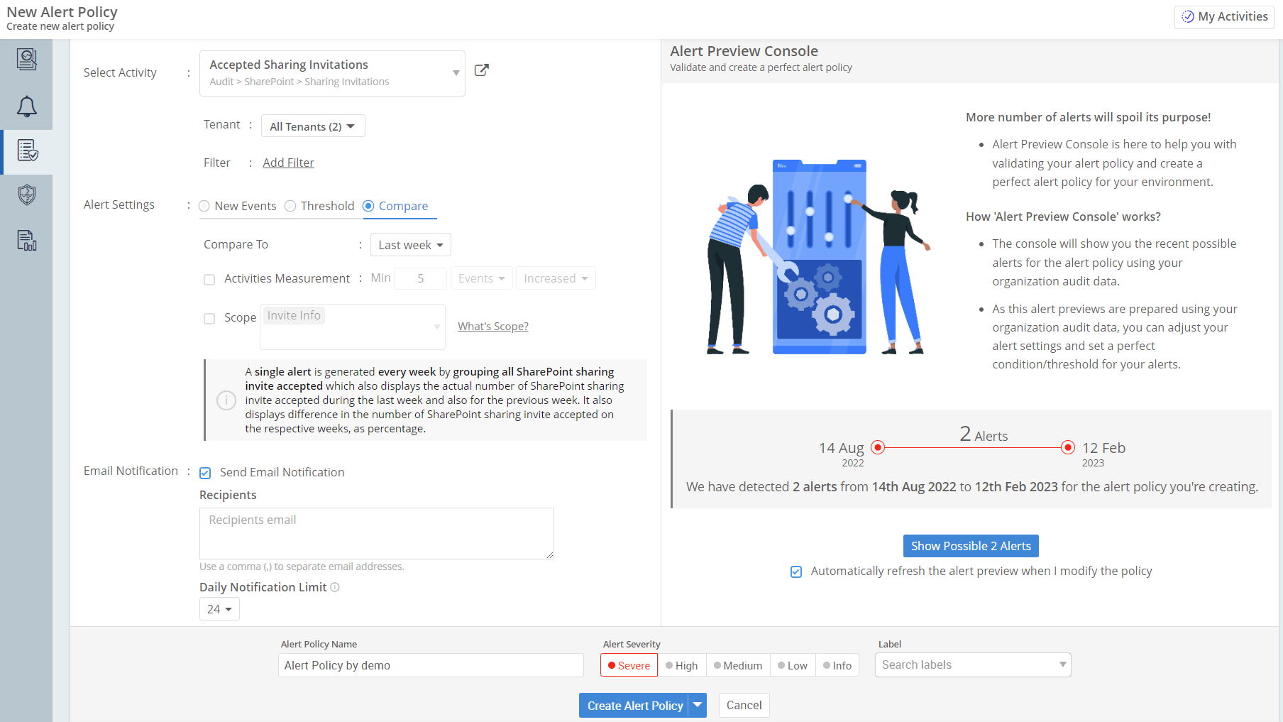 AdminDroid Alert Policy Creation