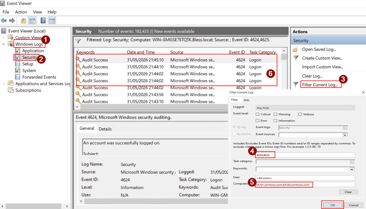 Audit Domain Controller Logon History in Active Directory Using Event Viewer