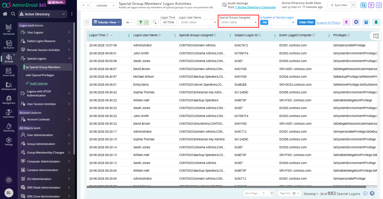 Get Active Directory Special Group Member Logons Using AdminDroid