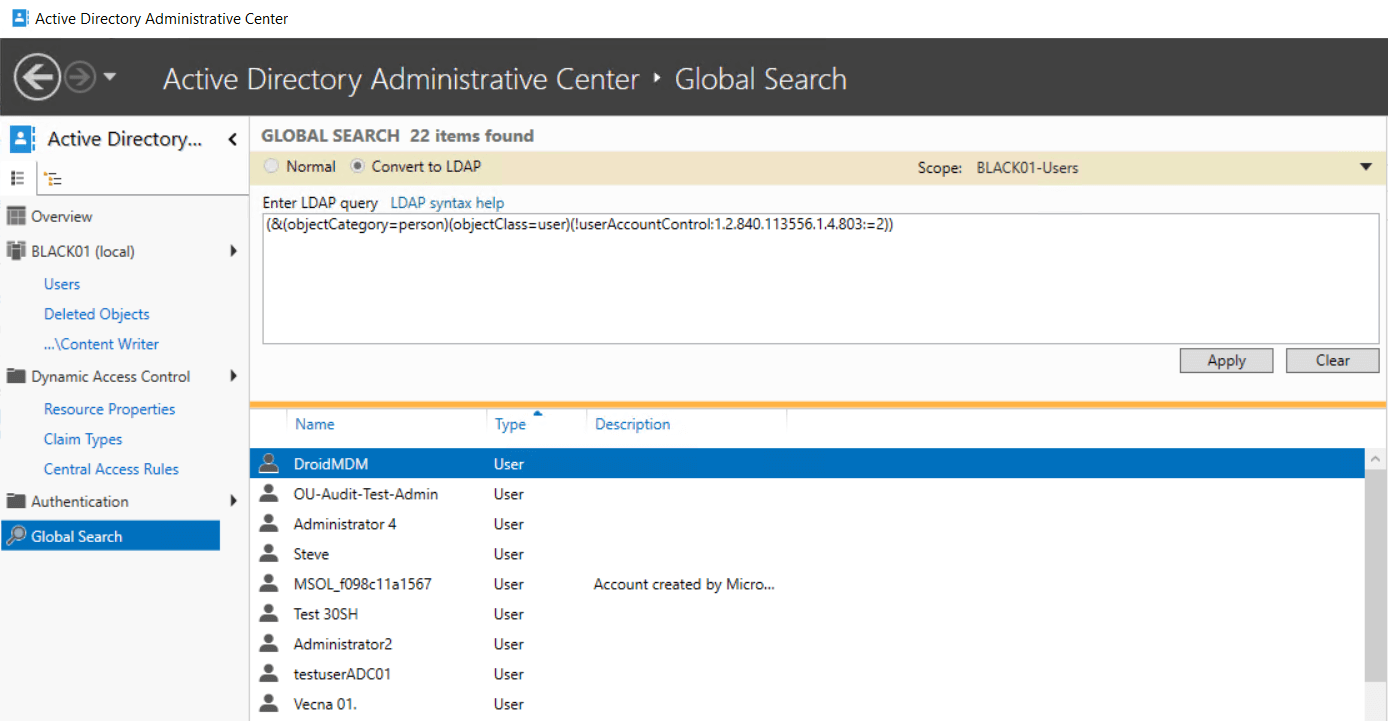 Get All Enabled Users in Active Directory Using ADAC