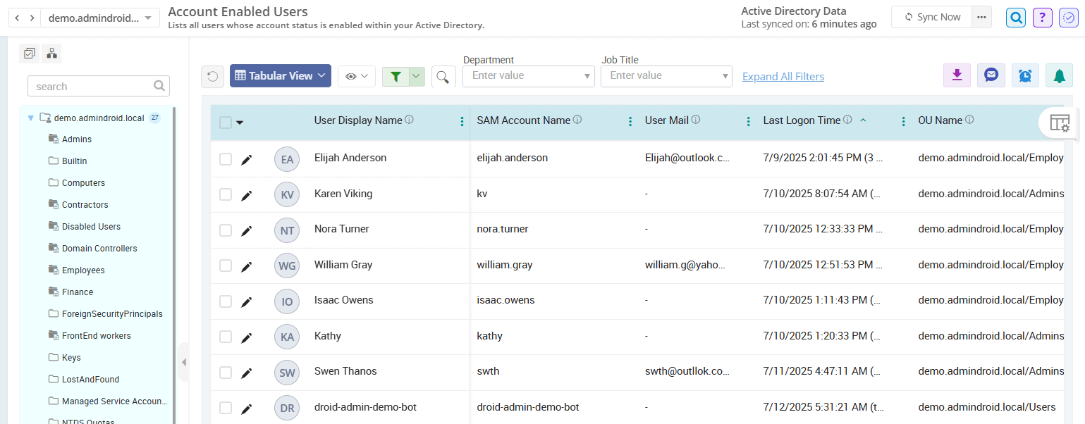 Retrieve Enabled Users from Active Directory via AdminDroid Portal