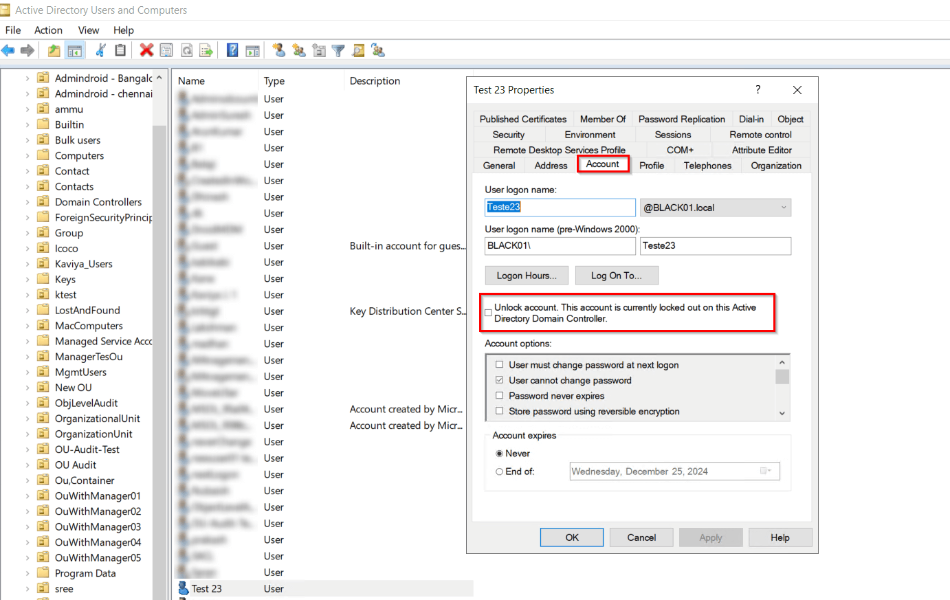 Check Locked-out Users Using Active Directory Users and Computers
