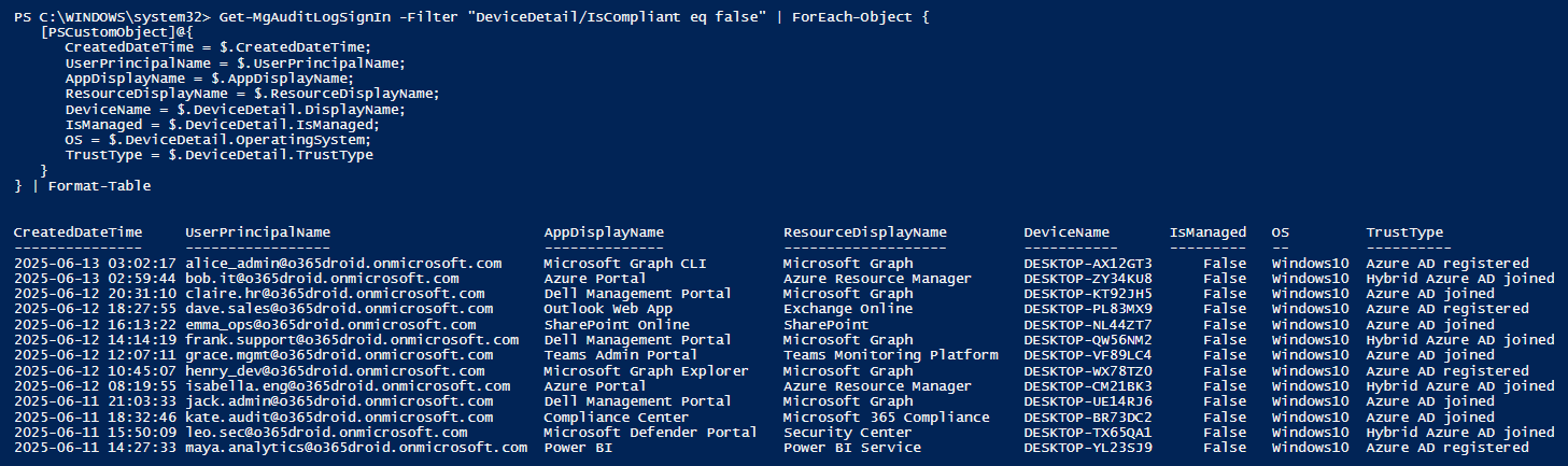 list-non-compliant-device-sign-ins-with-powershell