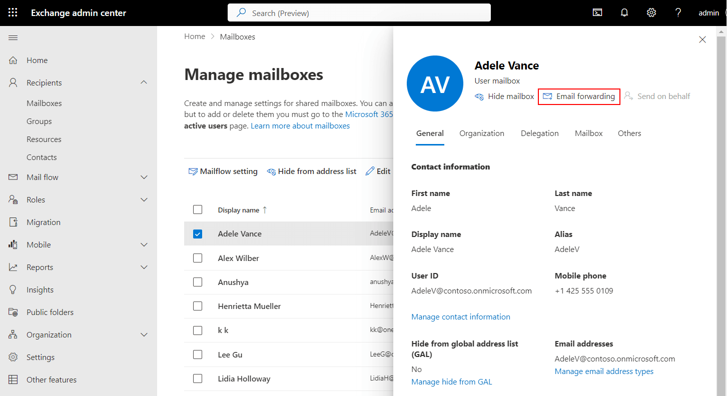 Using Exchange Admin Center:
