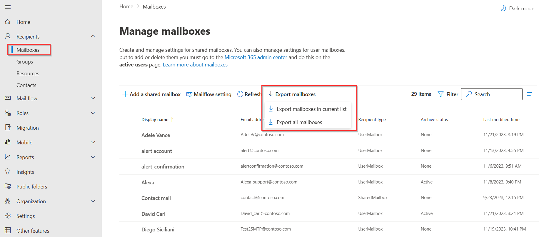 Using Exchange Online Admin Center