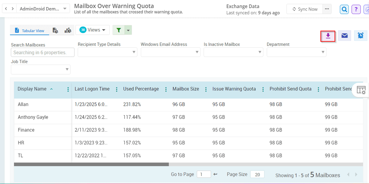 Export Mailboxes Over Warning Quota Report Using AdminDroid