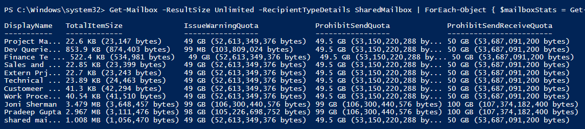Get Shared Mailbox Size Using PowerShell