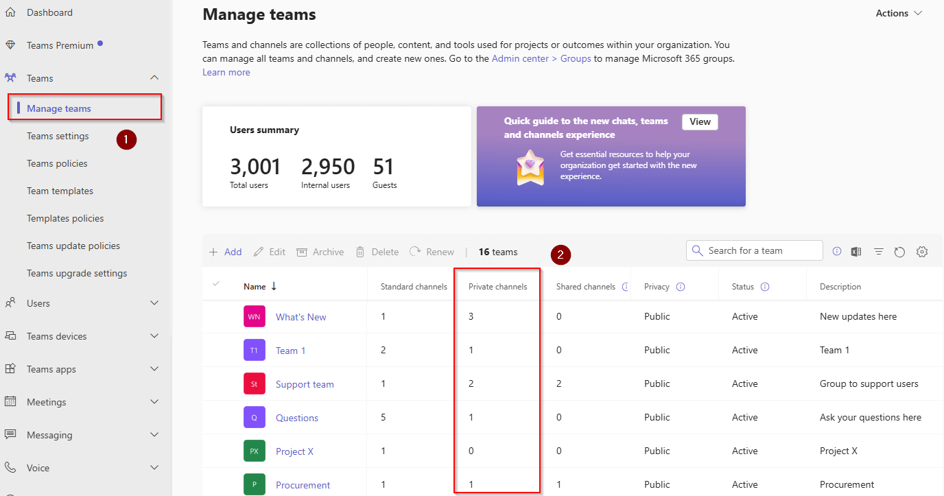Retrieve Teams with Private Channels Using Teams Admin Center