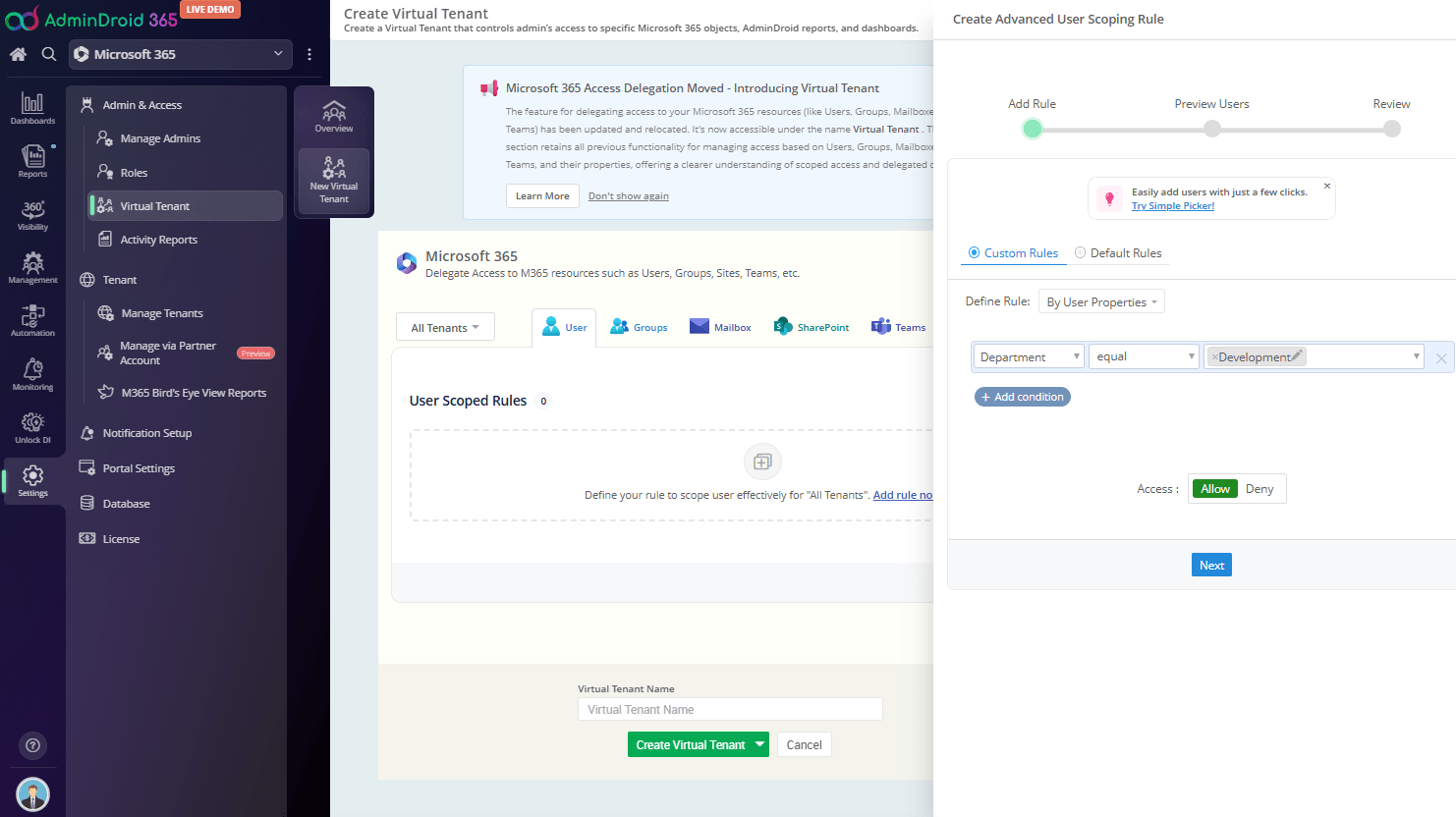 Create a Virtual Tenant in AdminDroid