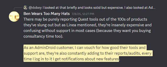Discord message from an AdminDroid customer vouching for its tools and support