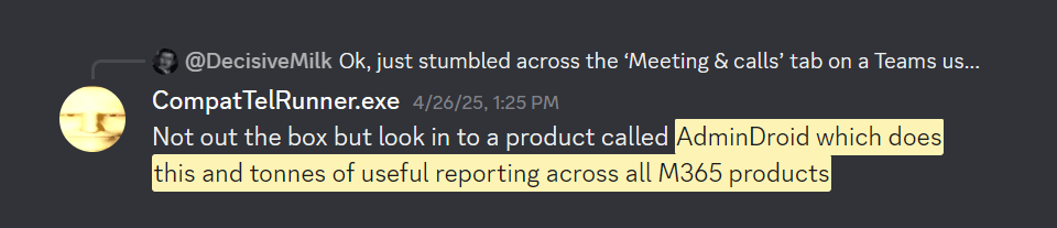 Discord message recommending AdminDroid for M365 reporting
