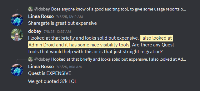 Discord message noting AdminDroid has some nice visibility tools