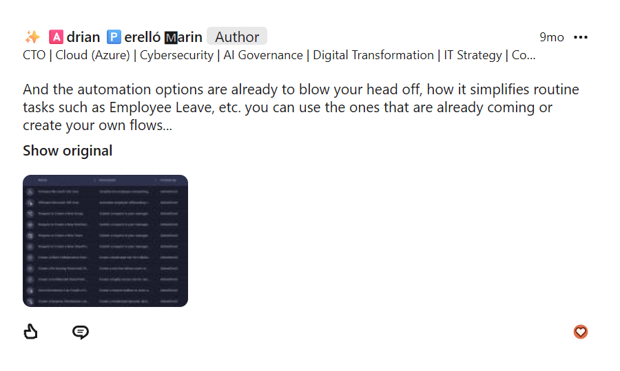 LinkedIn comment praising AdminDroid automation options
