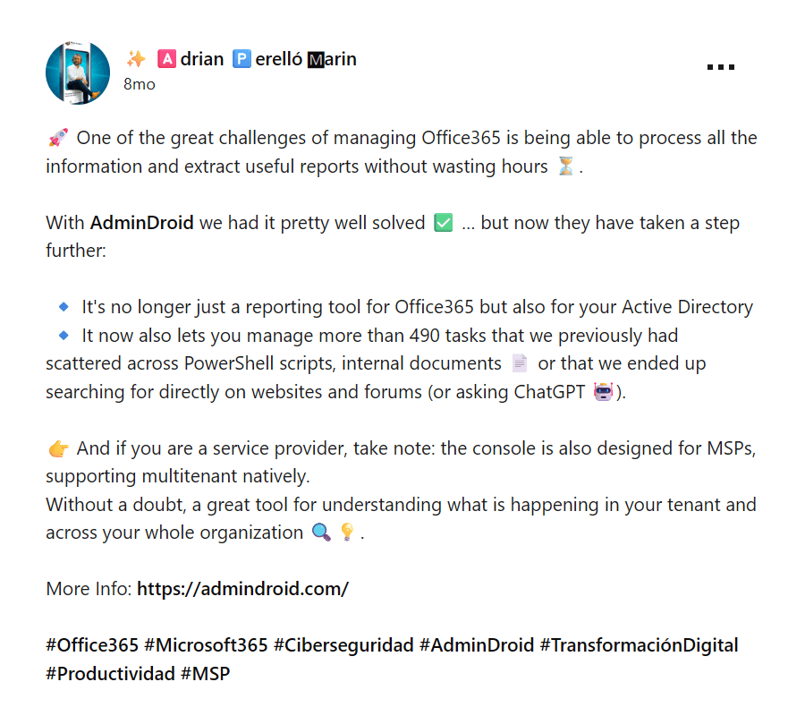 LinkedIn post praising AdminDroid reporting and management expansion