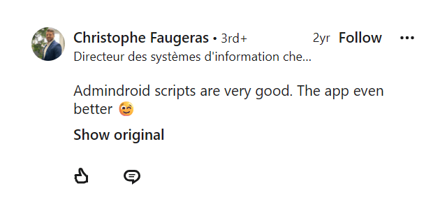 LinkedIn comment praising AdminDroid scripts and the app