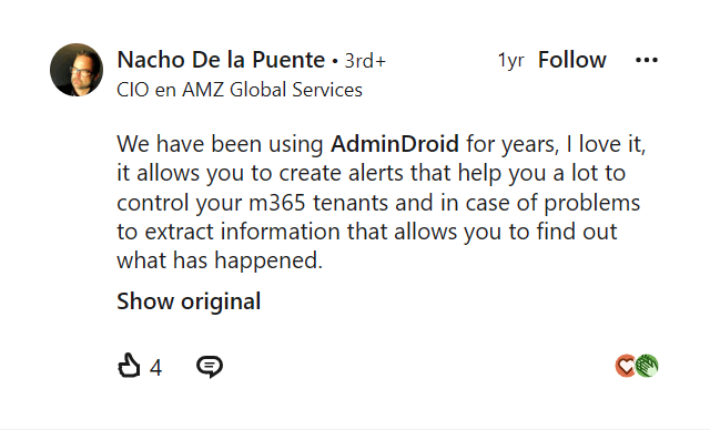 LinkedIn comment from Nacho De la Puente praising AdminDroid alerts