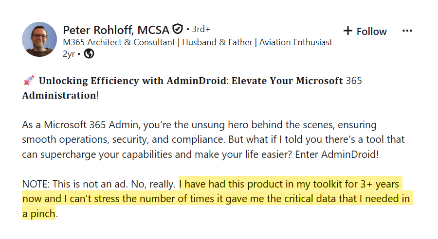 LinkedIn post from Peter Rohloff endorsing AdminDroid
