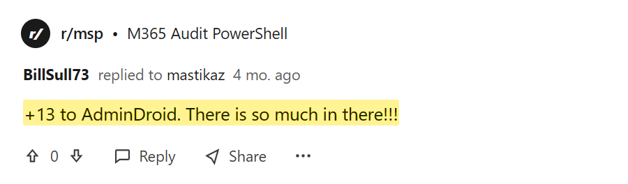 Reddit comment enthusiastically endorsing AdminDroid for its depth of content