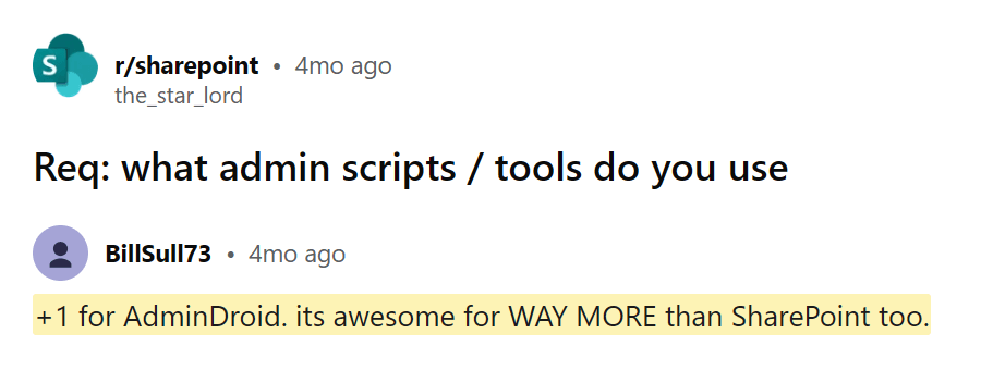Reddit comment endorsing AdminDroid for more than just SharePoint