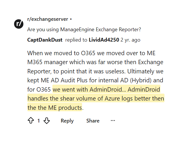 Reddit comment praising AdminDroid for handling Azure log volume