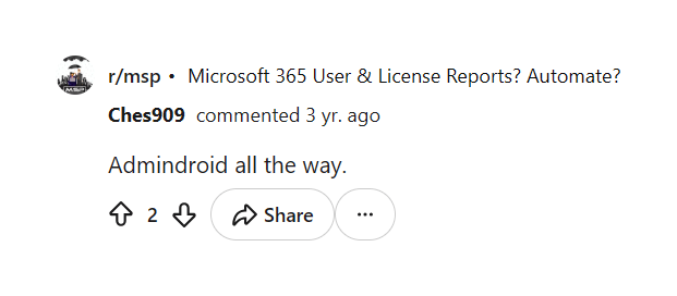 Reddit comment recommending AdminDroid for Microsoft 365 reporting