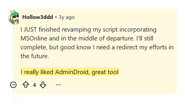 Reddit comment calling AdminDroid a great tool
