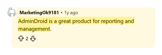 Reddit comment calling AdminDroid a great product for reporting and management