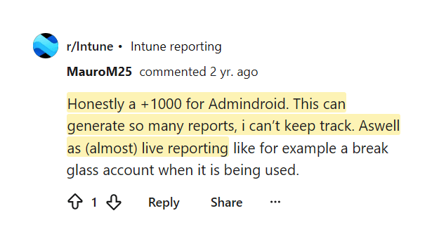 Reddit comment giving a +1000 for AdminDroid reporting breadth and near-live alerts