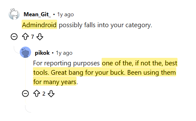 Reddit thread recommending AdminDroid as a top reporting tool