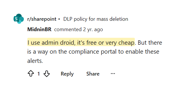 Reddit comment noting AdminDroid is free or very cheap