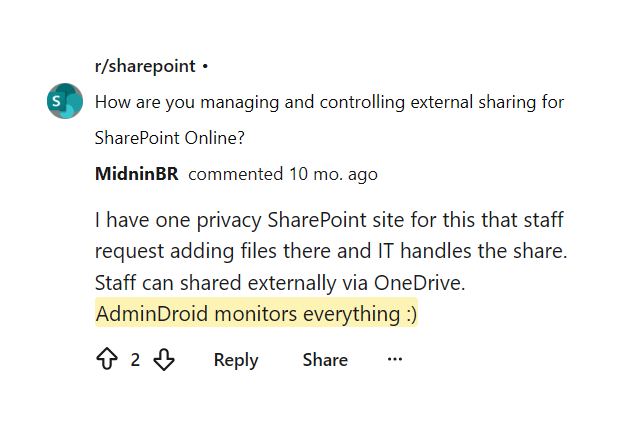Reddit comment saying AdminDroid monitors everything for external sharing
