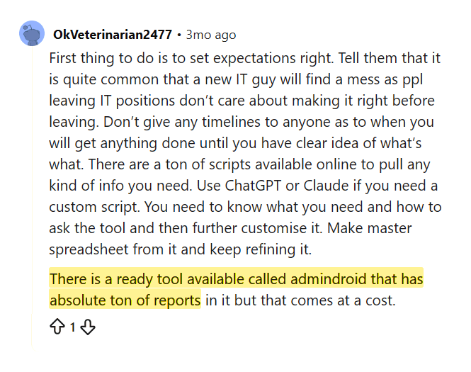 Reddit comment describing AdminDroid as a ready tool with a ton of reports