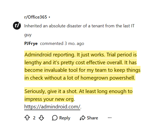 Reddit comment praising AdminDroid reporting as invaluable and replacing custom PowerShell