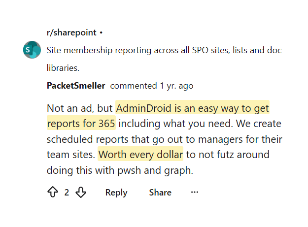 Reddit comment calling AdminDroid an easy way to get scheduled 365 reports worth every dollar