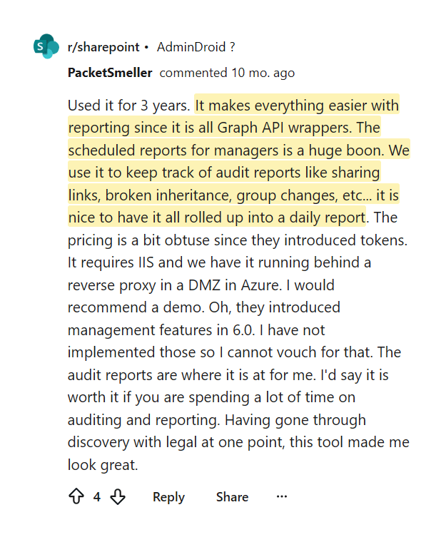 Reddit comment from long-term AdminDroid user on reporting and audits