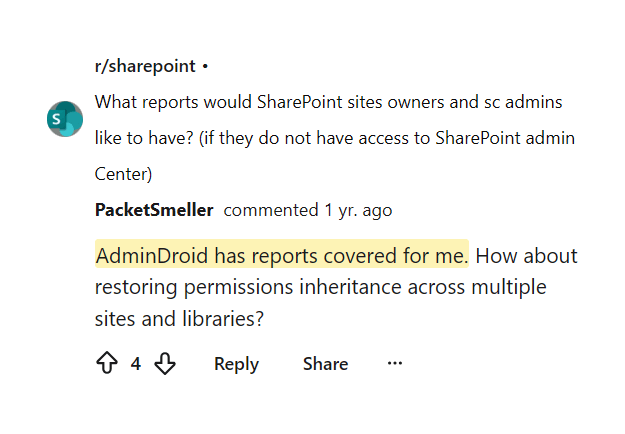Reddit comment saying AdminDroid has reports covered