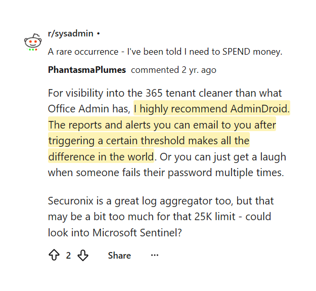 Reddit comment praising AdminDroid threshold-based reports and alerts