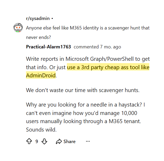 Reddit comment recommending AdminDroid as an affordable third-party tool
