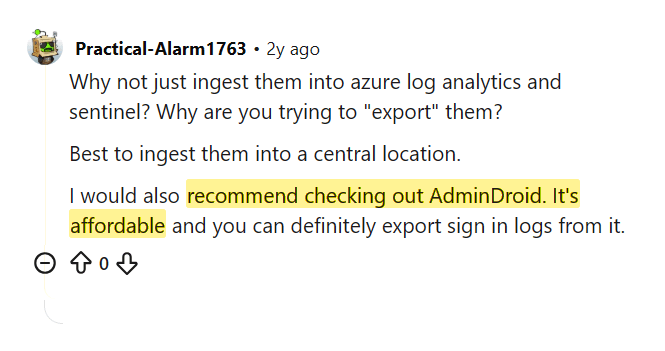 Reddit comment recommending AdminDroid as affordable for exporting sign-in logs