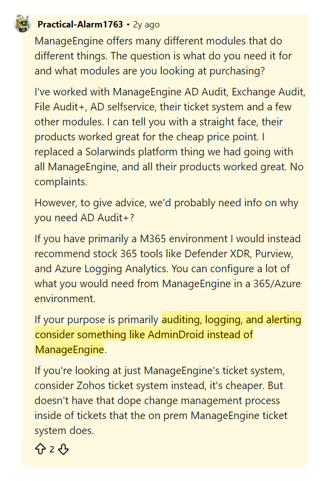 Reddit comment recommending AdminDroid over ManageEngine for auditing